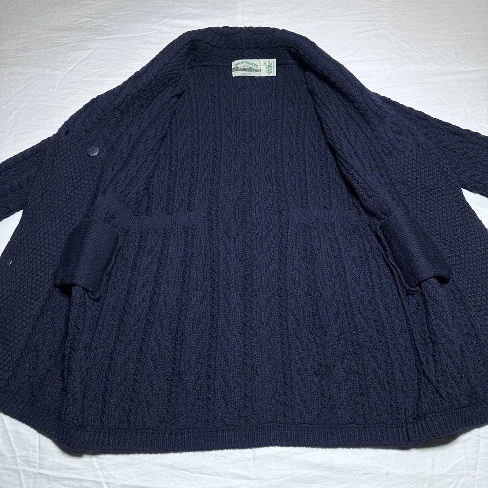 Aran Crafts Cable Knit Merino Wool Cardigan Womens XS Navy Double Breasted Shawl - Picture 7 of 13
